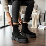 NE&VE SHOES Siyah Süet Hakiki Deri Gold Aklsesuarlı Önden Metal Fermuarlı Kadın Kalın Tabanlı Bot