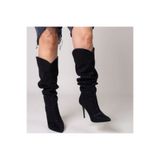 NE&VE SHOES Siyah Süet Hakiki Deri Körüklü Sivri Burun Kadın Çizme