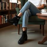 NE&VE SHOES Siyah Süet Hakiki Deri Rugan Garnili Bilekten Atkılı Kadın Kalın Topuklu Bot