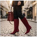 Ne&Ve Shoes Süet Hakiki Deri Körüklü Kadın Sivri Burun Çizme - Bordo