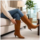 Ne&Ve Shoes Süet Hakiki Deri Körüklü Kadın Sivri Burun Çizme - Taba