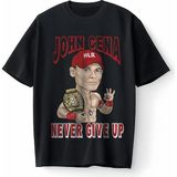 Never Give Up John Cena Baskılı Oversize Unisex Tişört T-Shirt - Siyah