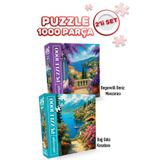 Neverland 2 ADET 1000 PARÇA PUZZLE - BEGONVİLLİ DENİZ MANZARASI VE DAĞ GÖLÜ KASABASI
