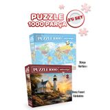Neverland 2 ADET 1000 PARÇA PUZZLE- DÜNYA HARİTASI-I VE DENİZ FENERİ GÜNBATIMI