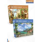 Neverland 2 Adet 1000 Parça Puzzle - Eski Sokak ve Sahil Manzarası