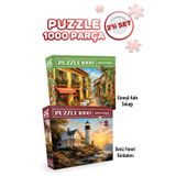 Neverland 2 ADET 1000 PARÇA PUZZLE -GÜNEŞLİ KAFE SOKAĞI VE DENİZ FENERİ GÜNBATIMI