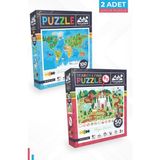 Neverland 2 Adet Puzzle - 100 Parça Hayvan Dünya Haritası Ve 50 Parça Sihirli Tek Boynuzlu At