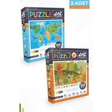 Neverland 2 Adet Puzzle - 100 Parça Hayvan Dünya Haritası Ve 50 Parça Sonbahar Ormanı