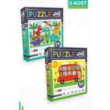 Neverland 2 Adet Puzzle - 24 Parça Sevimli Dinozorlar Ve 50 Parça Hayvanlarla Otobüs