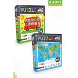 Neverland 2 Adet Puzzle - 50 Parça Hayvanlarla Otobüs Ve 100 Parça Hayvan Dünya Haritası