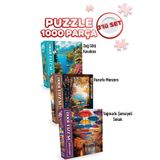 Neverland 3 ADET 1000 PARÇA PUZZLE - DAĞ GÖLÜ KASABASI VE HUZURLU MANZARA VE YAĞMURLU ŞEMSİYELİ SOKAK