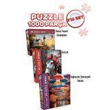 Neverland 3 ADET 1000 PARÇA PUZZLE - DENİZ FENERİ GÜNBATIMI VE YAĞMURLU ŞEMSİYELİ SOKAK VE ASİL AT