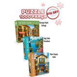 Neverland 3 ADET 1000 PARÇA PUZZLE - GÜNEŞLİ KAFE SOKAĞI VE DAĞ GÖLÜ KASABASI VE MAVİ KAPILI KAFE