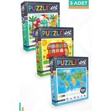 Neverland 3 Adet Puzzle - 24 P.sevimli Dinozorlar Ve 50 P. Hayvanlarla Otobüs Ve 100 P. Hayvan Dünya Haritası