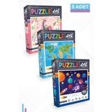 Neverland 3'lü Çocuk Puzzle - 100 Parça Unıcorn Ve Hayvan Dünya Haritası Ve Gezegenler