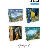 Neverland 4 Adet 1000 Parça Puzzle - Sahil Manzarası / Kafe Terasta Gece / Inci Küpeli Kız / Sahil Evi