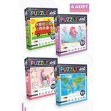 Neverland 4'lü Çocuk Puzzle - 50 P.hayvanlarla Otobüs Ve Deniz Kızı Ve 100 P. Unıcorn Ve Hayvan Dünya Haritası