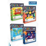 Neverland 4'lü Çocuk Puzzle - 50 P. Otobüs Ve Ay Hayvanları Ve 100 P. Hayvan Dünya Haritası Ve Gezegenler