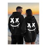 NEVERMIND Sevgili Çift Kombin Gülümseme Baskılı Renk Kapüşonlu Sweatshirt 2li Set Takım 3 İplik Pamuk