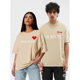 NEVERMIND Unisex Çift Erkek Kadın Tişört 2li Set Takım – The Key To Baskılı Sevgili Kombini - Bej
