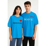 NEVERMIND Unisex Çift Erkek Kadın Tişört 2li Set Takım – The Key To Baskılı Sevgili Kombini - Mavi - S - M