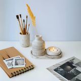 Nevhan Sanat Seramik Vazo, Tealight Mumluk Ve Dekoratif Tepsi Seti - Beyaz Minimal Tasarım