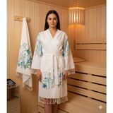Nevin Acar Mavi Hindiba Bambu Peştemal Bornoz ve Peştemal 2'li Set - Krem - XL