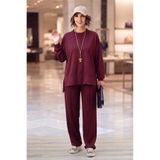 Nevin Kaya Moda Bordo Modal Kumaş Çımalı Pantolon Bluz Takım