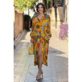 Nevin Kaya Moda Sarı Renk Etnik Desenli Gömlek Elbise - G1