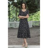 Nevin Kaya Moda Siyah Papatya Desenli Etekleri Fırfırlı Yazlık Pamuklu Penye Elbise