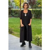 Nevin Kaya Moda Siyah Uzun Boy Cift Cepli Basic Hırka