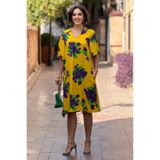 Nevin Kaya Moda V1-Sarı Üzeri Mor Güllü Gömlek Yaka Elbise