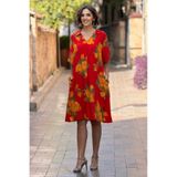 Nevin Kaya Moda V1-Turuncu Üzeri Sarı Güllü Gömlek Yaka Elbise