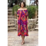Nevin Kaya Moda V136-Fusya Etnik Desenli Madonna Yaka Elbise