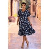 Nevin Kaya Moda V14-Lacivert Fırça Desenli Etekleri Fırfırlı Elbise