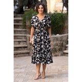Nevin Kaya Moda V146-Siyah Kır Çiçeği Desenli Büzgülü Elbise