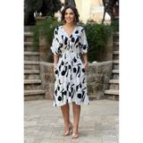 Nevin Kaya Moda V161-Beyaz Harmoni Desenli Tahta Düğmeli Elbise