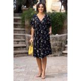Nevin Kaya Moda V168-Siyah Sarı Çiçekli Göğüs Büzgülü Elbise