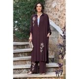 Nevin Kaya Moda V276 Kahverengi Çiçek Nakışlı Gömlek Elbise Pantolon Takım