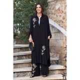 Nevin Kaya Moda V276 Siyah Çiçek Nakışlı Gömlek Elbise Pantolon Takım