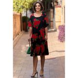 Nevin Kaya Moda V3-Siyah Kırmızı Güllü Kare Yaka Elbise