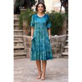 Nevin Kaya Moda Yeşil Batik Desenli Etekleri Fırfırlı Yazlık Penye Pamuklu Elbise