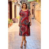 Nevin Kaya Moda Yuvarlak Yaka Kırmızı Etnik Desenli Elbise