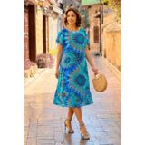 Nevin Kaya Moda Yuvarlak Yaka Mavi Etnik Desenli Elbise