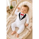 nevrankids Gentleman Collection Ekru Kırmızı Papyonlu Pamuklu Erkek Bebek Tulum