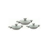 New And Single Granit Sahan Cam Kapaklı Tava 3 Lü Set 6 Parça 18 - 20 - 22 Cm Gri