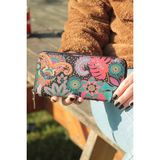 New Bazaar Kadın Cüzdan ve Kartlık-Siyah & Pembe Renkli-Paisley Çiçek Desenli - Dokuma Kumaşlı- 9,75CMX 19,50CM