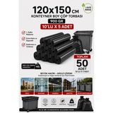 New City 120X150 cm 240 Litre Konteyner Boy Çöp Torbası 50 Adet Siyah Dayanıklı Endüstriyel Çöp Poşeti 10'lu 5 Rulo