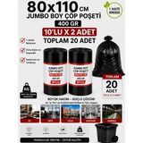 New City 80X110 cm 90 Litre Jumbo Boy Çöp Torbası 20 Adet Siyah Dayanıklı Endüstriyel Çöp Poşeti 10'lu 2 Rulo