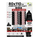 New City 80X110 cm 90 Litre Jumbo Boy Çöp Torbası 200 Adet Siyah Dayanıklı Endüstriyel Çöp Poşeti 10'lu 20 Rulo